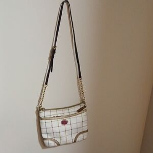 COACH White Plaid Crossbody Bag with Gold Trim and Burgundy Accent